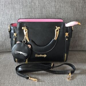 Black Handbag with Gold And Pink Accents By Danbaoly, New, With Shoulder Strap
